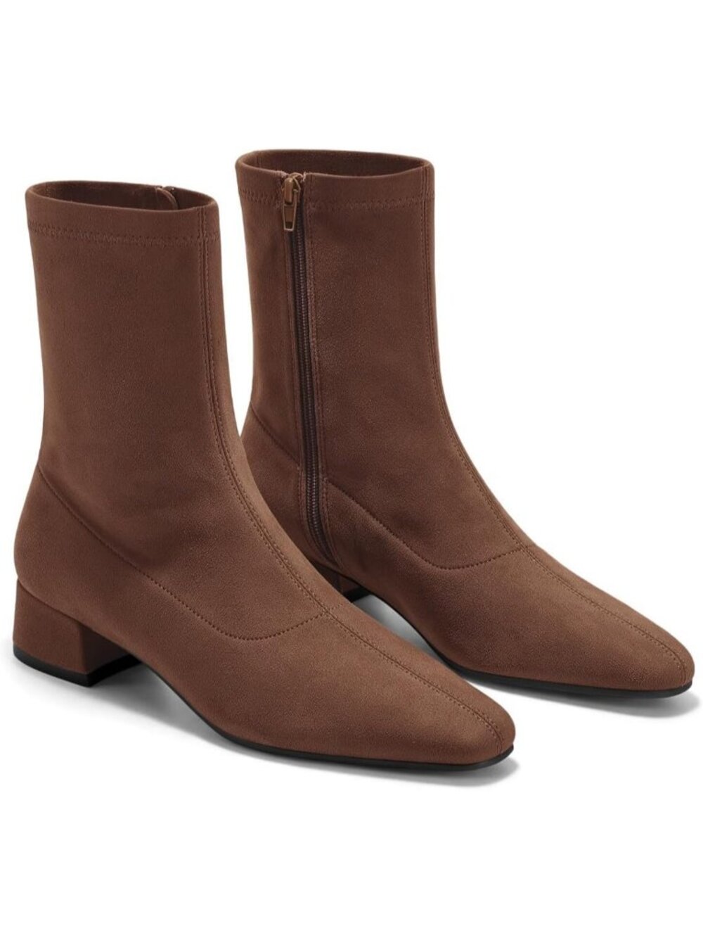 Women's Dark Brown Comfortable Chunky Low Heel Square Toe Zip Up Ankle Boots